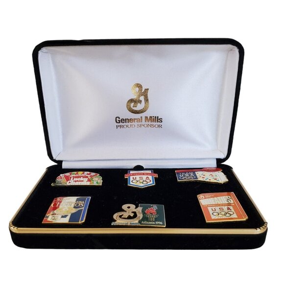 General Mills Cereal Lapel Pins USA Olympic Sponsor Enamel Collector Velvet Case - Picture 2 of 8
